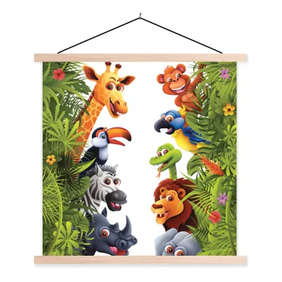 Produktbild von MuchoWow® Textilposter Dschungel - Tiere - Jungen - Mädchen - Giraffe - Elefant - Kinder 40x40 cm mit holzfarbenen Rahmen - Posterleiste