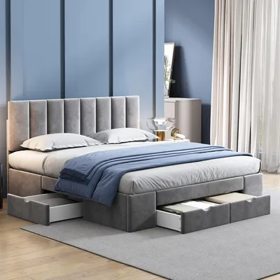 Produktbild von Polsterbett, 160x200 cm, Doppelbett mit Lattenrost und 4 Schubladen, gepolsterter Kopfteil höhenverstellbar, Bezug aus Samt