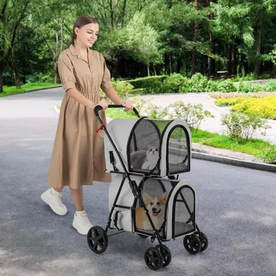 Immagine prodotto di Carrello pieghevole a due piani per animali domestici - Passeggino per animali - Trasportino - Carrozzina - Borsa da trasporto