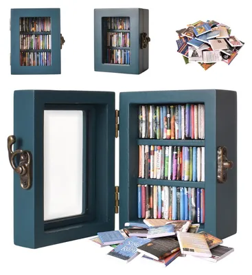 Mini-Bücherregal aus Holz, 60 Miniaturbücher, Blau