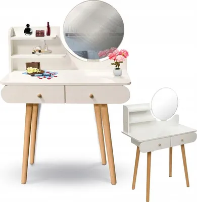 A white vanity table with a round mirror and a matching stool, set against a white background.
