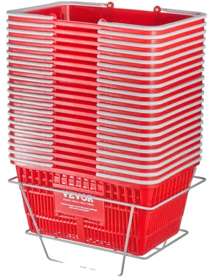 Obrázok produktu pre VEVOR nákupný košík, sada 20 kusov, 21 l robustný plastový nákupný košík s rukoväťou a stojanom, 16,5 x 11,8 x 8,27 palca, prenosný nákupný košík vo veľkom balení na nákup potravín