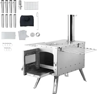 A stainless steel camping stove and its accessories are displayed against a white background.