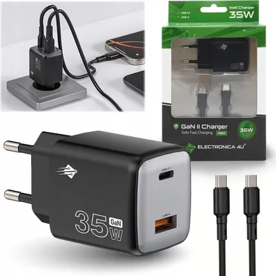Zdjęcie produktu dla Szybka ładowarka sieciowa 35W GaN II 3A 20V QC3.0 PD3.0 USB C USB A + kabel