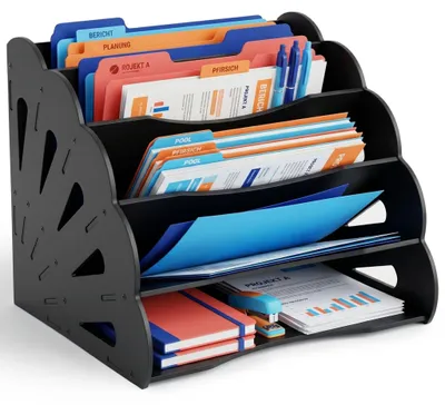 Immagine prodotto di Organizzatore da scrivania in MDF formato A4, 5 scomparti - Nero