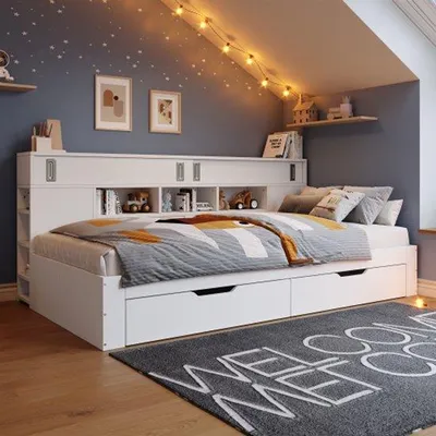 Image de Canapé-lit, 140 x 200 cm, lit multifonctionnel avec rangement, comprenant des compartiments, du bois et des tiroirs. Lit avec espace de rangement, adapté aux adultes, sans matelas, de couleur blanche