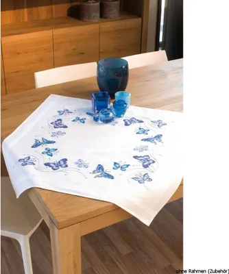 Produktbild von Vervaco Tischdecke "Blaue Schmetterlinge", Stickbild vorgezeichnet