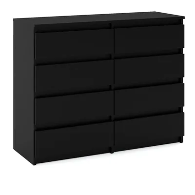 A black dresser with eight drawers, presented against a white background.