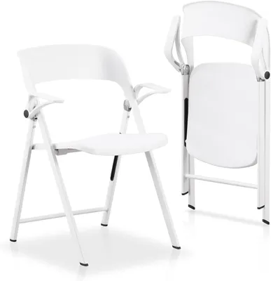 Imagen del producto de Dos sillas plegables de plástico con reposabrazos, sillas plegables robustas con estructura de acero, sillas apilables para uso comercial, aptas para interiores y exteriores, de color blanco