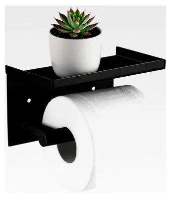 Produktbild von Toilettenpapierhalter mit 2 Montagemöglichkeiten, Wandhalterung für Toilettenpapier, Klorollenhalter ohne Bohren, WC Papier Halterung mit Ablage, Edelstahl, Schwarz