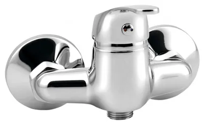 A chrome shower faucet is shown against a white background.