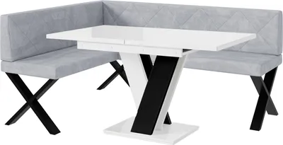 Produktbild von MEBLINI Eckbank für Esszimmer mit ausziehbarem Tisch  - Küchenbank - Essecke - Sitzecke Küche - ERIC - X-Beine 128x168x87cm Links - Hellgrau Samt/M Weiß-Schwarz Hochgl.