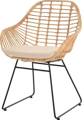 Zdjęcie produktu dla KRINES HOME wiklinowy fotel retro rattanowy fotel klubowy 50s żelazna rama wiklinowy fotel z podłokietnikiem (naturalny z poduszką)