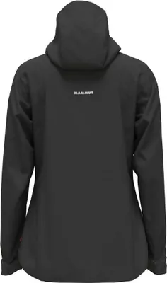 Schwarze Hardshelljacke für Damen mit Kapuze von Mammut; Rückansicht.