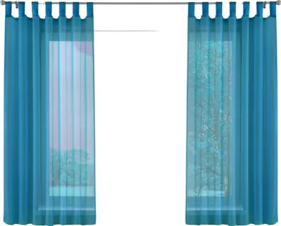 Two sheer turquoise curtains are shown hanging from a curtain rod, covering two windows. The curtains have a vertical stripe pattern and a weighted hem.