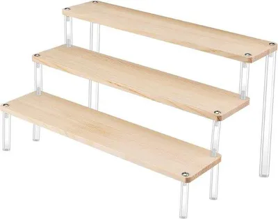 Image de Plateau en bois pour bijoux et desserts, 30 x 8 cm, 3 étages, plateaux en bois naturel.