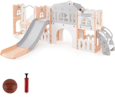 Produktbild von COSTWAY Kinder Rutsche Mit Klettergerüst, Schaukel, Basketballkorb & Teleskop Lenkrad, Rutschenset, Rutsche, Spielplatz für Kinder 1+ (Grau + Rosa)