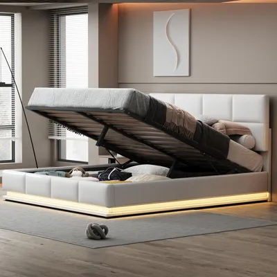 Obrázek produktu pro Čalouněná postel 180x200 LED, hydraulický podstavec postele, Imitace kůže bílá, nosnost 300 kg