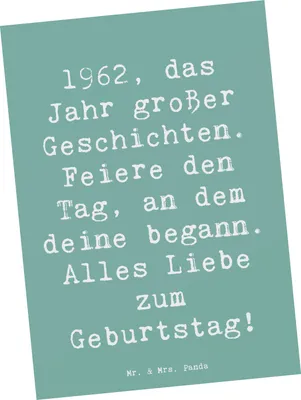 Produktbild von Mr. & Mrs. Panda Postkarte Spruch 1962 Geburtstag - Meeresbrise - Geschenk, Geburtstagsgeschenk, Freude schenken, bildkarte, Ansichtskarte, Postkarten, Happy Birthday