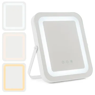 A white makeup mirror with LED lighting is shown against a white background. Three smaller, faded images of the mirror with different lighting colors are displayed to the left.