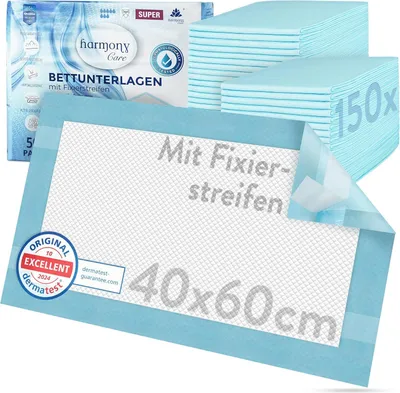 Produktbild von Harmony Care® Inkontinenz Bettunterlage mit Fixierstreifen rutschfeste Inkontinenzauflagen Einlagen Krankenunterlagen Einweg - 40x60 cm, 50 Stück