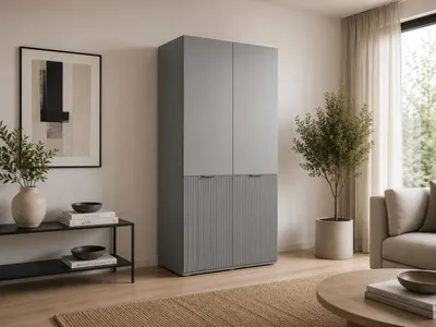 Produktbild von Drehtürenschrank, Falttürenschrank 2-türig Schrank mit Einlegeböden und Kleiderstange, Schlafzimmer  - Schrank Minewra 100 - Nova + Grau