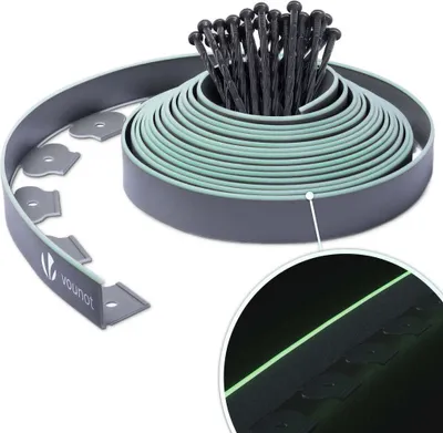 Image de Bordure de pelouse flexible VOUNOT® en plastique, avec 30 piquets d'ancrage, longueur 10 m, hauteur 5 cm, gris et vert clair