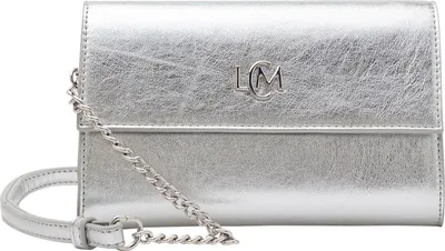 A silver clutch bag with a chain strap and a logo on the front.