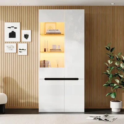 Obrázek produktu pro MODFU Skleněná vitrína 80 x 35 x 180 cm s LED osvětlením, 4 dvířky a bezpečnostním sklem, stojací vitrína, úložná skříň do obývacího pokoje, bílá
