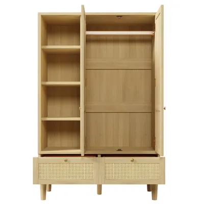 Produktbild von Abrihome Kleiderschrank mit 2 Türen und Rattan‑Flechten, Garderobenschrank mit 2 Schubladen für Wohnzimmer Schlafzimmer