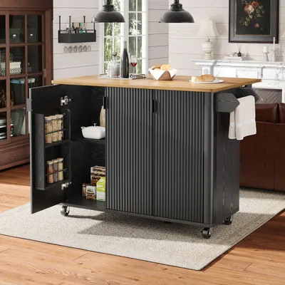 Produktbild von okwish Ausziehbarer Kücheninsel Beistellschrank Buffetschrank mit Holzmaserung,Küchenwagen auf Rädern mit 3 Türen und verstellbarer Trennwände,schwarz
