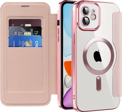 Image de Étui pour iPhone 11 compatible avec MagSafe, étui transparent avec porte-cartes, étui en cuir avec protection de l'appareil photo Rose