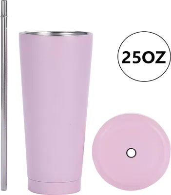 Zdjęcie produktu dla Kubek ze stali nierdzewnej o pojemności 25 uncji z słomką i pokrywką, kubek termiczny z izolacją próżniową, kubek podróżny, kubek termiczny na zimne lub gorące napoje, różowy, 750 ml, stal nierdzewna