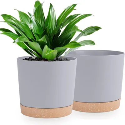Produktbild von Blumentöpfe 2er Set 25,4 cm Hellgrau mit Untersetzer und Entwässerungslöchern