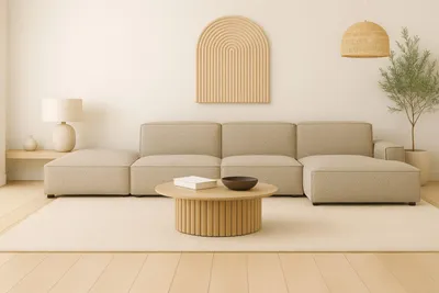 Image de Canapé d'angle Cursal en L, tissu Artico, beige + pouf, droite