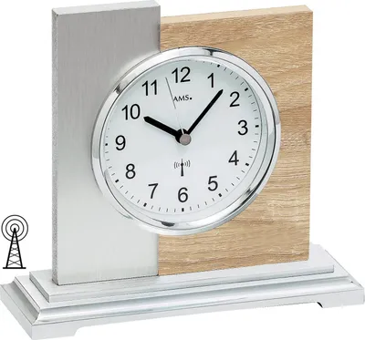 Produktbild von AMS 5151 Tischuhr Funk silbern modern Holz Sonoma Optik mit Aluminium Auflage