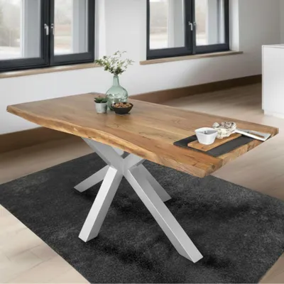 Produktbild von Esstisch 120 x 80 cm Tim, Baumkantentisch naturfarben, Akazienholz massiv, Spider-Gestell aus Metall Silber