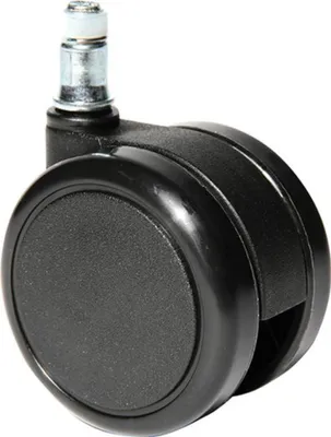 A single black office chair caster wheel with a silver stem.
