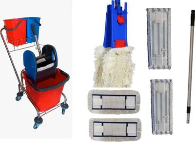 Produktbild von CleanSV Wischset chrom Laschenmop 40 cm, Ablage 2 x 5 L- Eimer, Reinigungswagen 1 x 18 Liter Eimer, Presse, Deichsel, 1 Laschenmop Halter, 3 x Laschenmop Baumwollmop,2 x Mikrofasermop, Teleskopstiehl