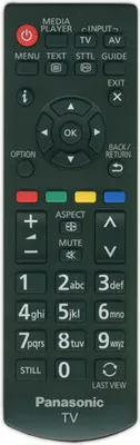 A close-up, straight-on view of a black Panasonic TV remote control.