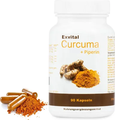 Produktbild von Exvital Curcuma + Piperin, Curcumin hochdosiert, 90 vegetarische Kapseln, Labor & Hergestellt in Deutschland