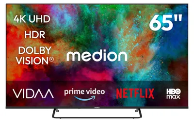 Produktbild von MEDION 163,9 cm (65 Zoll) Fernseher (Smart-TV, Dolby Vision HDR, HBO Max, MagentaTV, Prime Video, Disney+, DAZN, Paramount+, Dolby Atmos, VIDAA Store, PVR, Bluetooth, MD 865302)