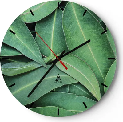Produktbild von Wanduhr - Rund - Glasuhr - Blätter Eukalyptus Natur - 40x40cm - Schleichendes Uhrwerk - Lautlos - zum Aufhängen bereit - Dekoration Modern - Wanddekoration aus Glas - C3AR40x40-4933