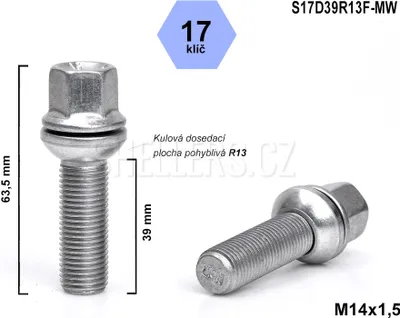 Obrázok produktu pre Skrutka kolesa M14x1,5x39 guľa R13 pohyblivá, kľúč 17, S17D39R13F-MW, výška 63,5 mm