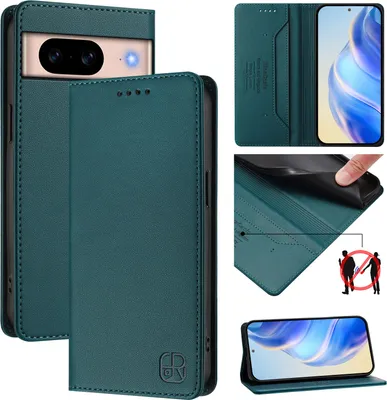 Produktbild von Lederhülle für Google Pixel 8A Hülle Flip Brieftasche Kartenfächern Ständer Schutzhülle Dunkelgrün