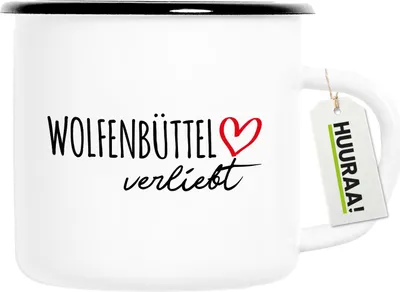 Produktbild von Huuraa Emaille Tasse Wolfenbüttel verliebt 300ml Vintage Campingbecher Geschenkidee