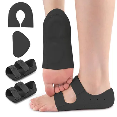 Produktbild von KBRPEY 1 Paar Plantarfasziitis Ferse Protektoren Verstellbare Fersenpolster Ferseneinlagen Fußgewölbestützen für Plantarfasziitis Schmerzlinderung Plattfüße Damen und Herren (Schwarz S)