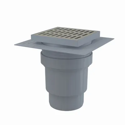 Produktbild von AlcaDrain Bodenablauf 150×150/110 mm mit einem senkrechten Abgang, Edelstahl Rost, Manschette-2. Abdichtung, Geruchsverschluss mit Sperrwasser