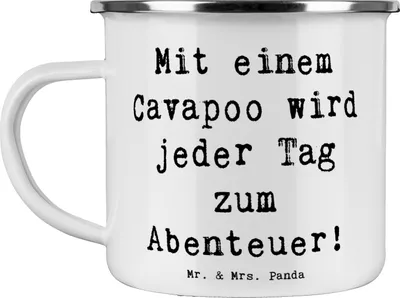 Produktbild von Mr. & Mrs. Panda Pott Spruch Cavapoo Abenteuer - Weiß - Geschenk, Emaille Tasse, becher, Freundlichkeit, Hunderasse, treuer Freund, Teetasse, Hundeliebhaber, Kaffeepott