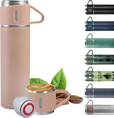 Immagine prodotto di Borraccia termica RVS da 500 ml con isolamento sottovuoto a doppia parete, a tenuta stagna, senza BPA, con coperchio e manico, mantiene a lungo la temperatura di bevande calde e fredde